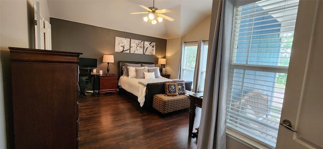 1213 Charleston Ln, Savannah, TX 76227 - bedroom featuring dark wood-style flooring, vaulted ceiling, and a ceiling fan
