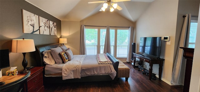 bedroom with baseboards, ceiling fan, vaulted ceiling, and dark wood-type flooring