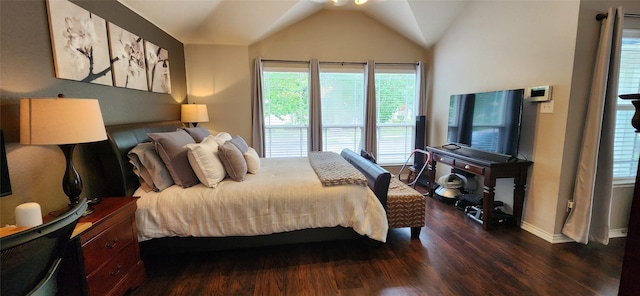 1213 Charleston Ln, Savannah, TX 76227 - bedroom featuring dark wood-type flooring, multiple windows, vaulted ceiling, and baseboards
