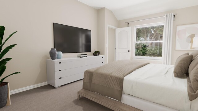 bedroom featuring light colored carpet, baseboards, and lofted ceiling