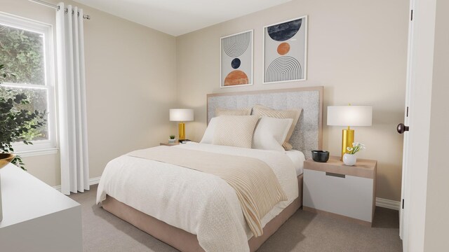 bedroom featuring baseboards, multiple windows, and light carpet