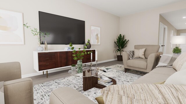 living room featuring baseboards, recessed lighting, and wood finished floors