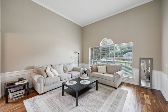 living area with a towering ceiling, wainscoting, wood finished floors, ornamental molding, and a decorative wall