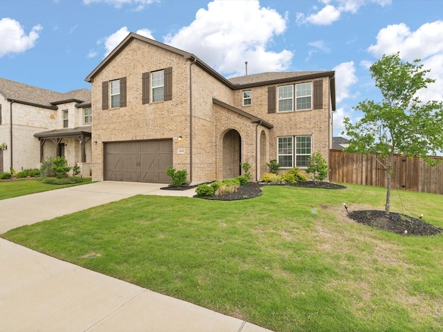 3601 Keechi Creek Dr, Celina, TX 75078 - traditional-style home featuring an attached garage, fence, concrete driveway, a front lawn, and brick siding