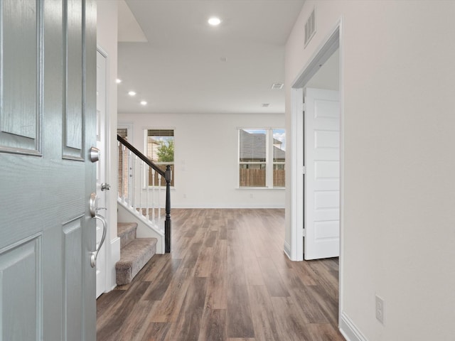 3601 Keechi Creek Dr, Celina, TX 75078 - entrance foyer featuring recessed lighting, baseboards, visible vents, stairs, and wood finished floors