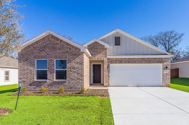 single story home featuring a garage, a front yard, brick siding, board and batten siding, and concrete driveway