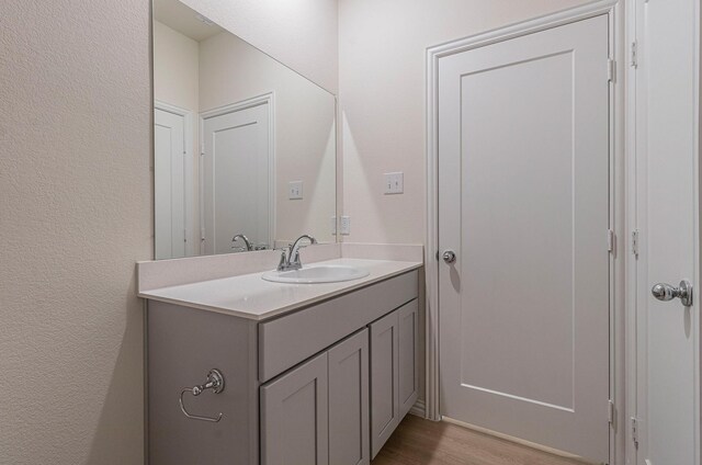 bathroom with vanity, a textured wall, and wood finished floors