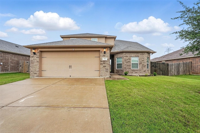 view of front of home with brick siding, a garage, driveway, and roof with shingles