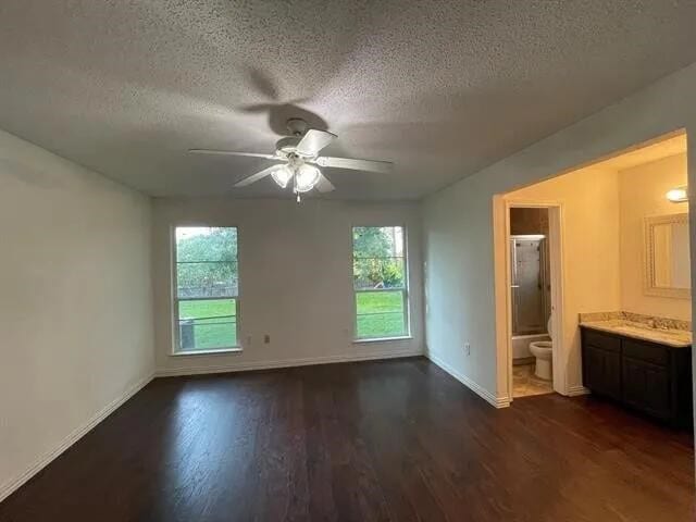 2406 Parkside Dr, Grand Prairie, TX 75052 - interior space featuring multiple windows, a textured ceiling, and dark wood-type flooring