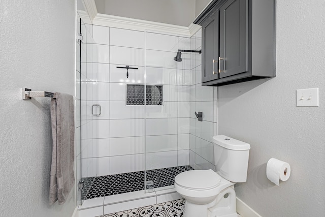 3005 Macao Ct, Plano, TX 75075 - full bathroom with baseboards, a textured wall, a shower stall, and toilet
