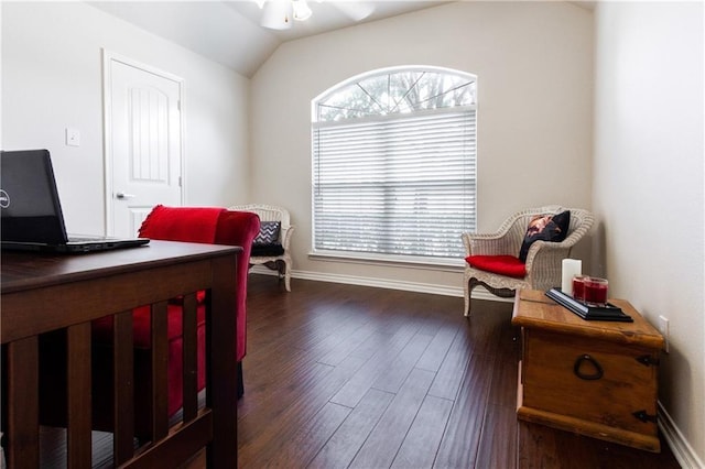 bedroom with dark wood-type flooring, baseboards, and lofted ceiling