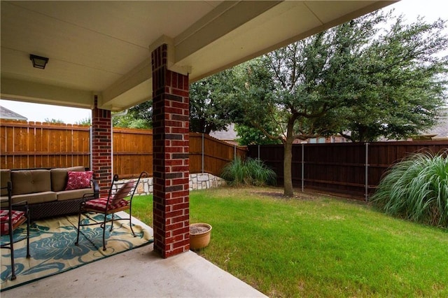 view of patio / terrace with an outdoor hangout area and a fenced backyard