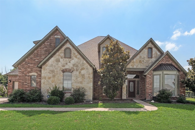132 Silver Rose Blvd, Burleson, TX 76028 - view of front facade featuring stone siding, a front yard, and brick siding