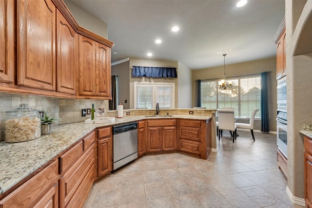 132 Silver Rose Blvd, Burleson, TX 76028 - kitchen with stainless steel dishwasher, a sink, a peninsula, backsplash, and brown cabinets