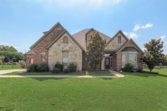 132 Silver Rose Blvd, Burleson, TX 76028 - french country inspired facade with stone siding, a front lawn, and brick siding