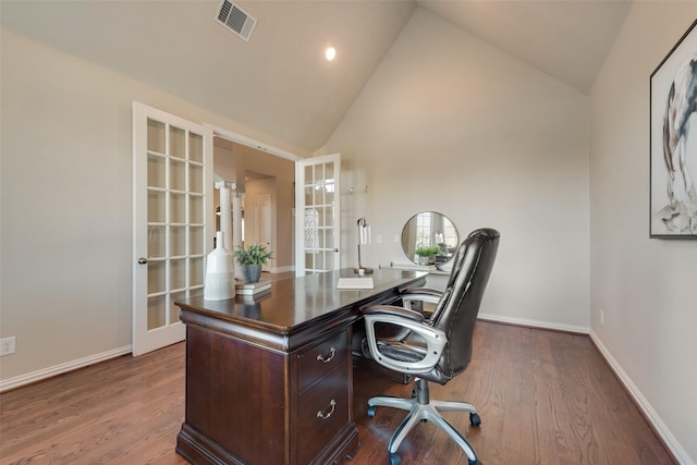 home office featuring baseboards, high vaulted ceiling, visible vents, and french doors