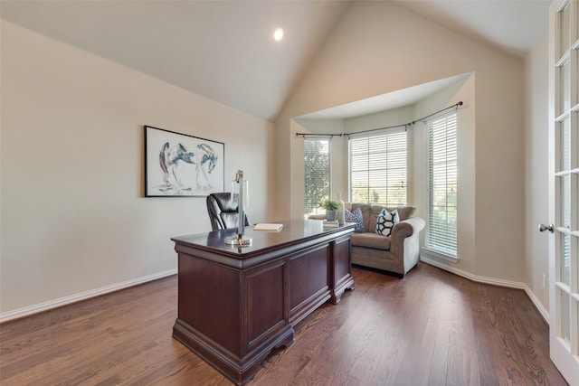 132 Silver Rose Blvd, Burleson, TX 76028 - home office with dark wood-type flooring, baseboards, and high vaulted ceiling