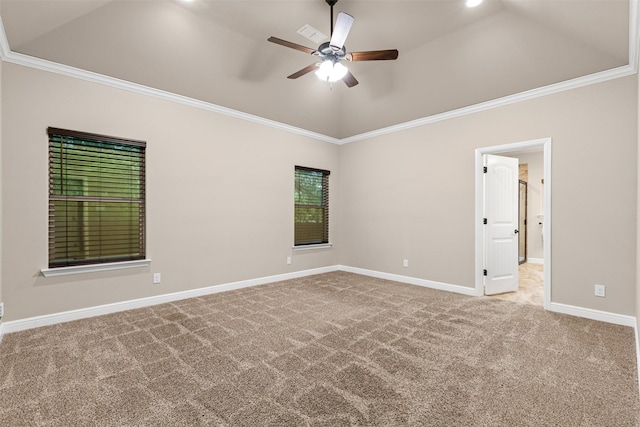 carpeted spare room with high vaulted ceiling, ornamental molding, baseboards, and a ceiling fan