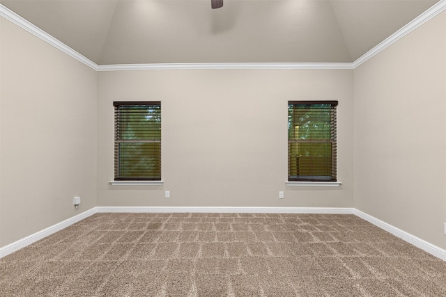 spare room with baseboards, carpet, ceiling fan, and lofted ceiling
