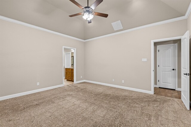 unfurnished room with visible vents, a ceiling fan, baseboards, and light carpet
