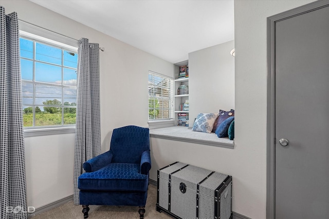 sitting room with baseboards, carpet flooring, and a healthy amount of sunlight
