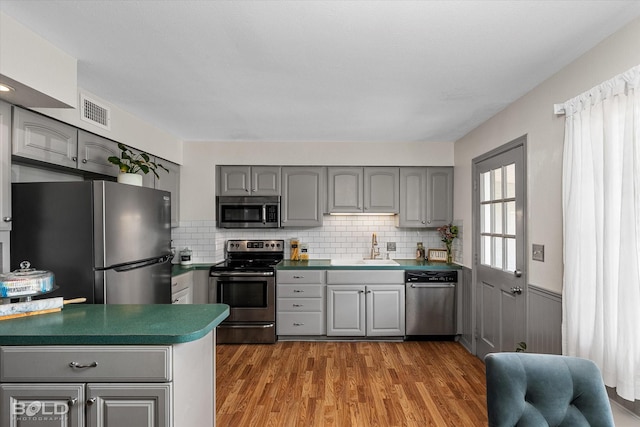 kitchen with visible vents, appliances with stainless steel finishes, tasteful backsplash, gray cabinetry, and a sink