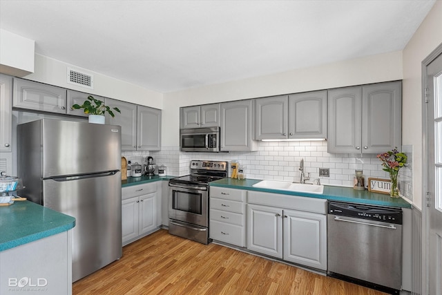 kitchen featuring appliances with stainless steel finishes, a sink, gray cabinets, light wood-type flooring, and backsplash
