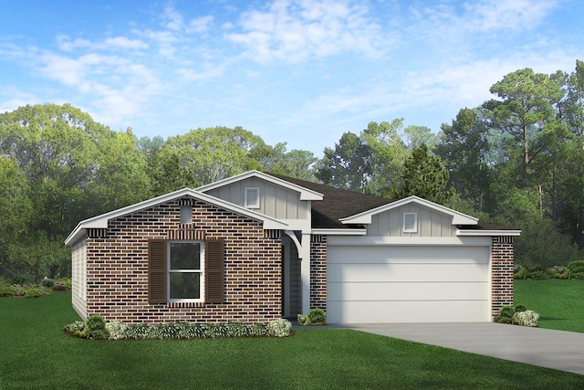 view of front of property with a garage, a front lawn, brick siding, board and batten siding, and driveway