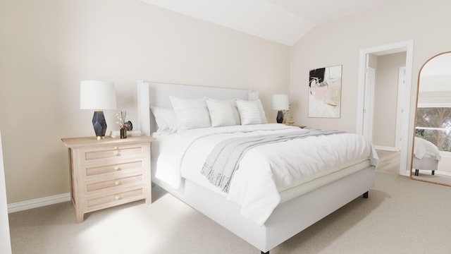 bedroom with baseboards, light carpet, and lofted ceiling