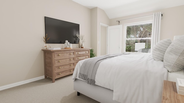 carpeted bedroom featuring baseboards and lofted ceiling