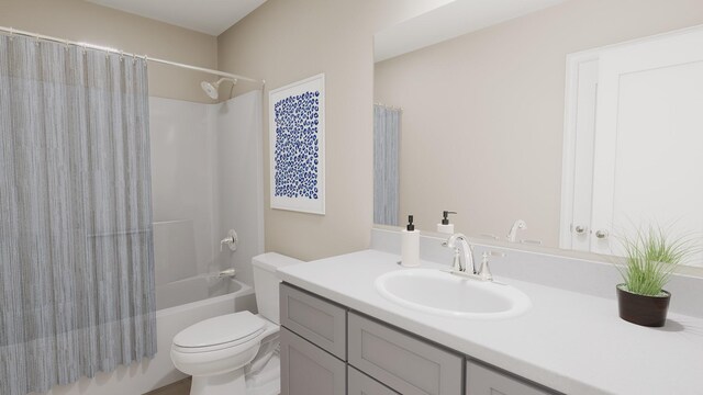bathroom featuring vanity, shower / bathtub combination with curtain, and toilet