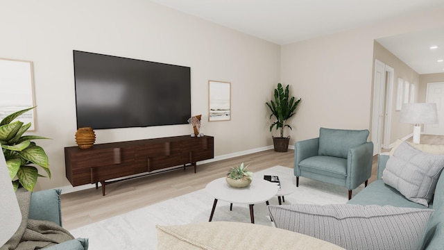 living room featuring light wood-type flooring, recessed lighting, and baseboards