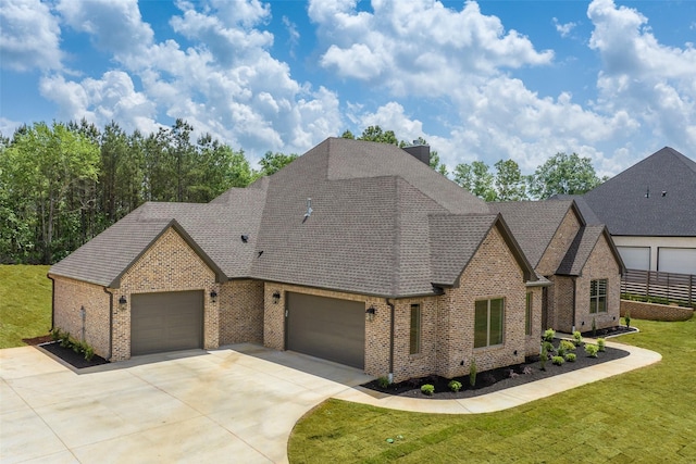 view of front facade featuring roof with shingles, concrete driveway, a front lawn, and brick siding