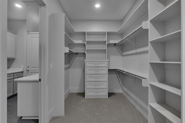 walk in closet with dark colored carpet