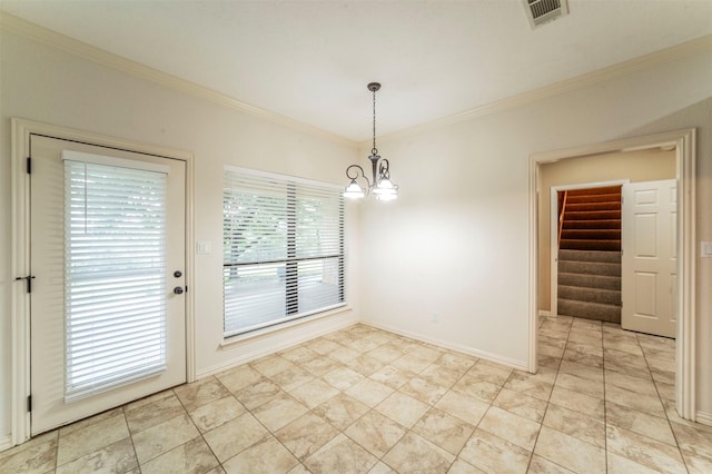 unfurnished dining area with visible vents, crown molding, baseboards, a notable chandelier, and stairs
