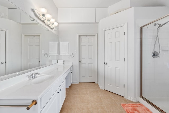 bathroom featuring vanity, tile patterned floors, and a stall shower
