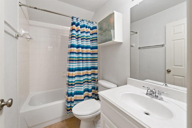 bathroom with toilet, tile patterned floors, shower / bath combo, and vanity