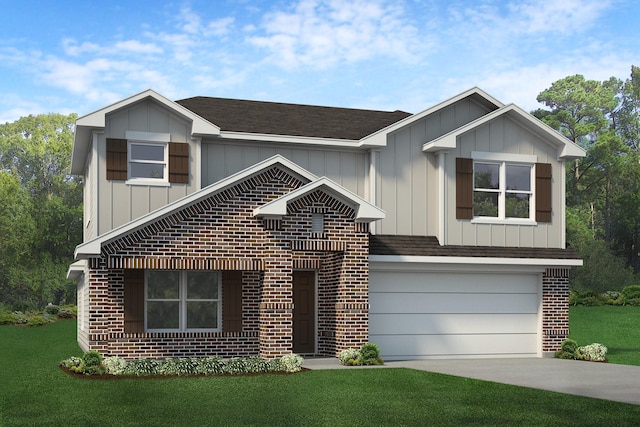 view of front facade with board and batten siding, an attached garage, driveway, and brick siding