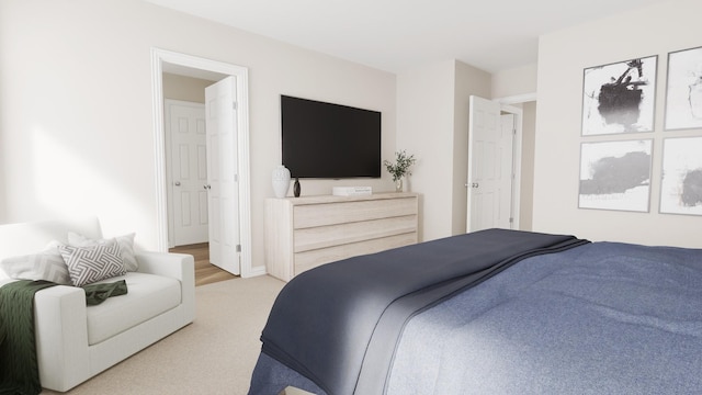 bedroom featuring light carpet