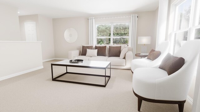 living room with baseboards and carpet