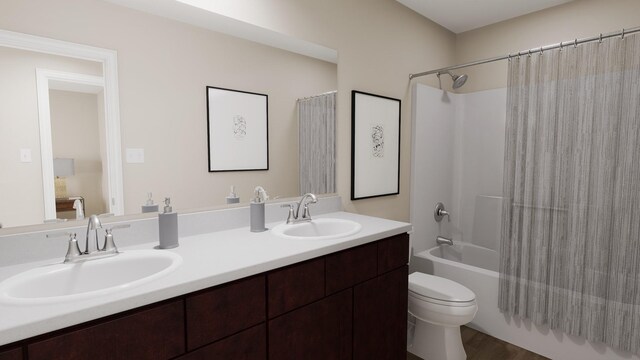 full bathroom featuring a sink, toilet, double vanity, and shower / tub combo
