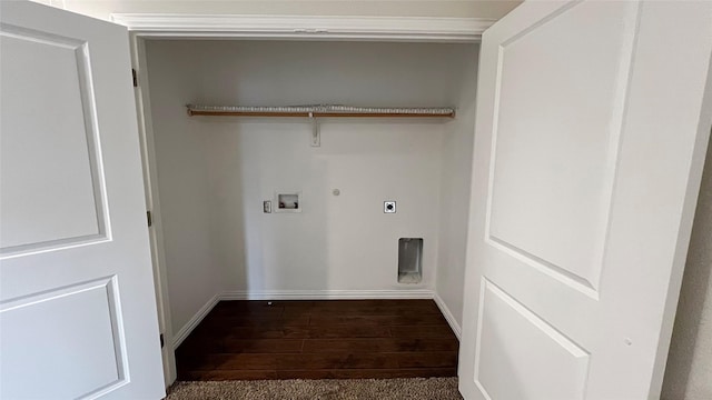 washroom with laundry area, electric dryer hookup, hookup for a gas dryer, dark wood-style floors, and hookup for a washing machine