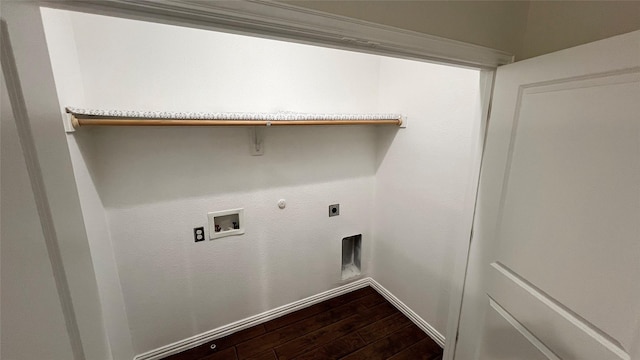 laundry area featuring hookup for a gas dryer, baseboards, dark wood-style floors, washer hookup, and hookup for an electric dryer