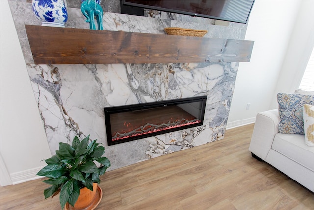 interior details with baseboards, wood finished floors, and a fireplace