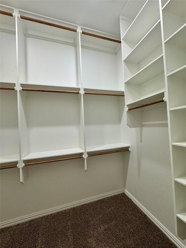 walk in closet featuring dark colored carpet