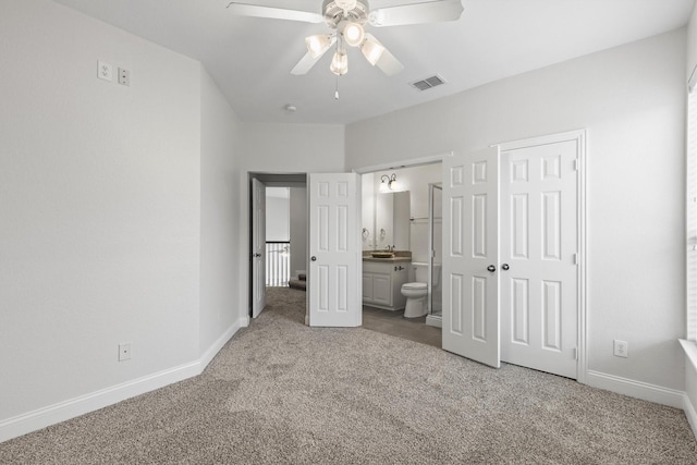 821 High Willow Dr, Prosper, TX 75078 - unfurnished bedroom with connected bathroom, ceiling fan, carpet floors, baseboards, and visible vents