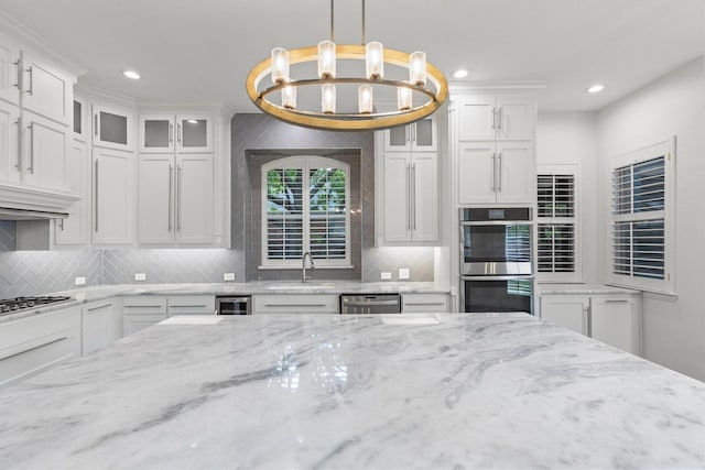 821 High Willow Dr, Prosper, TX 75078 - kitchen with a sink, glass insert cabinets, decorative backsplash, and stainless steel appliances