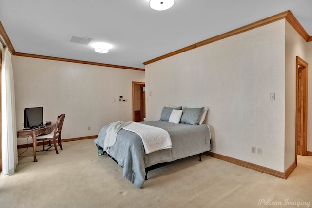 bedroom with crown molding, baseboards, visible vents, and light carpet