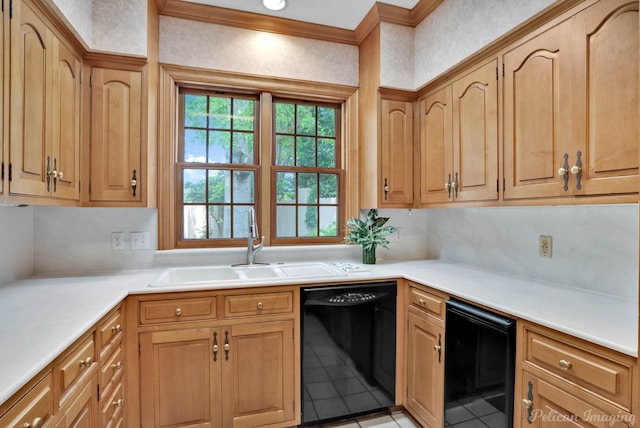 kitchen featuring a sink, light tile patterned floors, black dishwasher, and light countertops