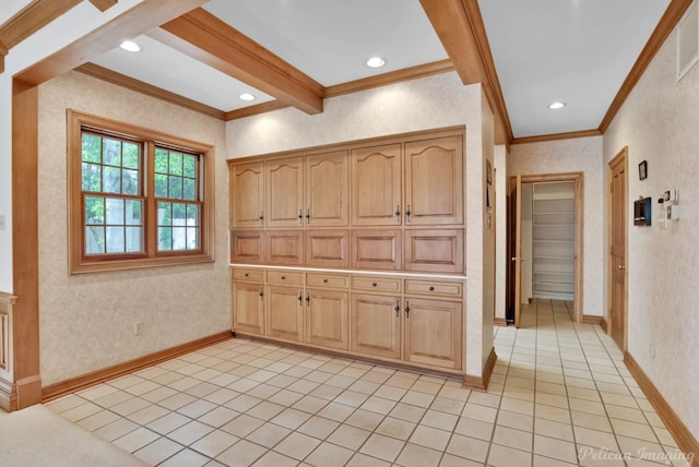 interior space with crown molding, light tile patterned flooring, wallpapered walls, and baseboards